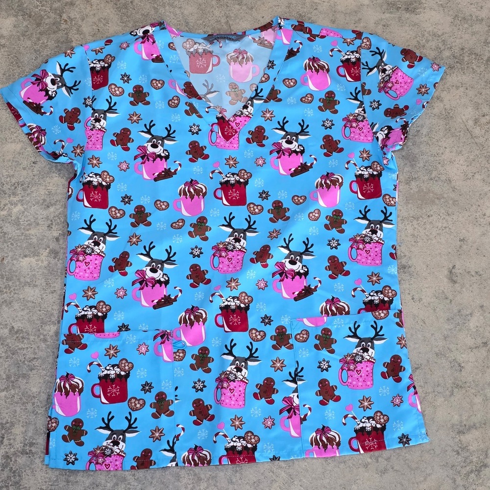 Serene‎ Uniforms Scrub Top Christmas, Size Small Blue, Hot Chocolate,  T8